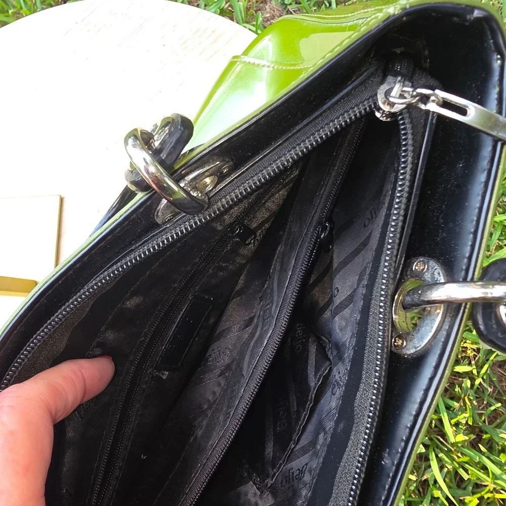 Beijo Lime Green Patent Leather Satchel Bag Black Handles Silver Hardware